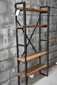 A trendy designer reclaimed wood and metal shelving unit (Missing 1 shelf).