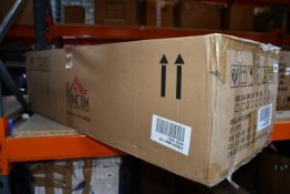 A boxed storage unit stool in black faux leather.