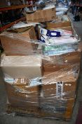 A pallet of assorted face masks, surgical gloves and assorted items.