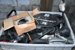 A quantity of miscellaneous gym weights to include dumbbells and kettlebells.