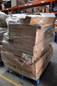 A pallet of miscellaneous flat pack furniture, household and related items.