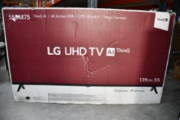 A boxed LG 55UM75 ThinQ AI UHD television.