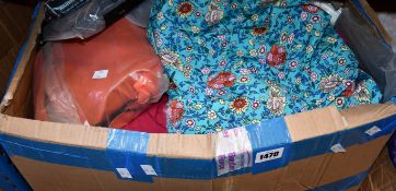 A large box of assorted as new clothing/bags and related items.
