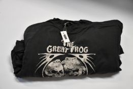Ten as new The Great Frog London Vintage Reissue 70s Frog and Skull T-shirts in black (XL).