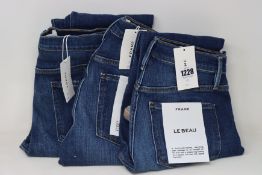 Three pairs of as new Frame Le Beau jeans in Burnside (Sizes 25, 26 and 29).