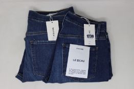 Two pairs of as new Frame Le Beau jeans in Burnside (Sizes 25 and 27).