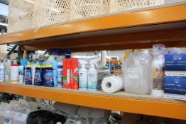 A quantity of household cleaners and accessories.