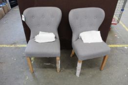 Two upholstered ring backed dining chairs in grey (Grey fabric, wooden legs and chrome back-ring) (