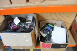 Two boxes of assorted as new and pre-owned small electrical items and accessories (All items sold as