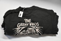 Ten as new The Great Frog London Vintage Reissue 70s Frog and Skull T-shirts in black (L).