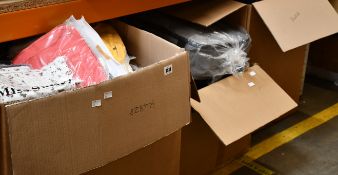 Three boxes of assorted clothing and related items.