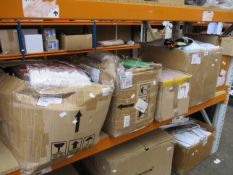 Five boxes of miscellaneous items to include dog collars/harnesses, lantern lamp shades and bathroom