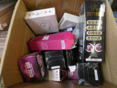 A box of assorted adult toys to include vibrators, dolls and masturbation cup (Over 18s only).