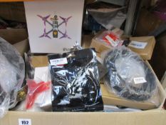 A box of assorted electrical items to include keyboards and mouse, drone, portable drive and