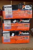 Three Paslode 141070 3.1 x 90mm Galv Plus round smooth shank nails x 2200 with 2 fuel cells (Some