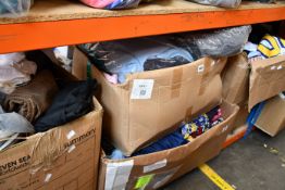 Five large boxes of clothing and related items.