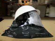 A MSA Safety V-Gard 950 White Hard Hat with Chin Strap and visor in white (Small scratch on top).