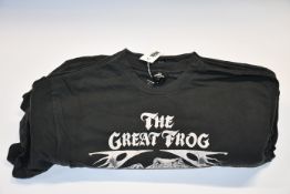 Ten as new The Great Frog London Vintage Reissue 70s Frog and Skull T-shirts in black (L).