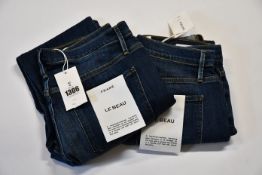 Two pairs of as new Frame Le Beau jeans in Burnside (Sizes 25 and 28).