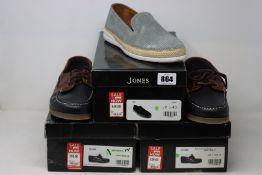 Three pairs of as new Jones Bootmaker shoes (UK 7, 8, 9).