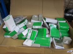 A box containing electrical supplies to include Schneider Ultimate Switched Sockets GU3520BPC (Low