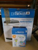 A collection of boxed Dr Brown's Baby Feeding items to include one Clean Steam Bottle Sterilizer and