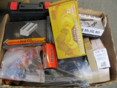 A box of assorted tools to include drills, soldering irons, smart car power inverter, multi meter