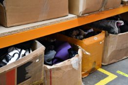 Five boxes of assorted clothing and related items.