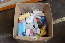 A box of assorted as new luxury face/body/hair beauty products.