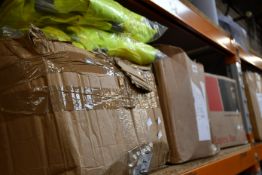 Three boxes of assorted as new workwear to include overalls, hi-viz tabards, polo shirts and hi-