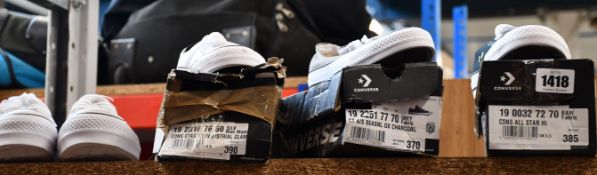 Four pairs of as new Converse canvas sneakers (UK 4, 2 x UK 5.5, UK 6, one pair box distressed,