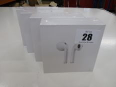 Four boxed and sealed as new i10 wireless ear pods, version 5.0, DC 5V, talk time 2 - 3 hours.