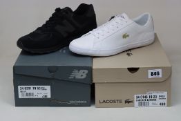 A pair of as new New Balance 574 trainers (UK 10) and a pair of Lacoste Lerond trainers (UK 12).