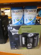 A boxed Tomee Tippee perfect prep baby formula machine in black (Outer box damaged) and two Biostime