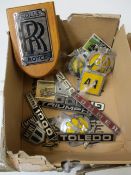 A quantity of vintage car badges and related to include Rolls Royce, Triumph, Commer and AA (