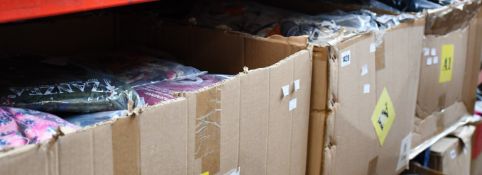 Four boxes of assorted as new clothing and related items.