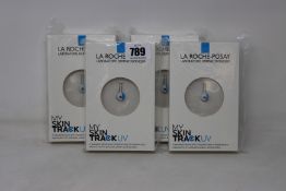 Four boxed as new La Roche-Posay My Skin Track UV wearable sensors.