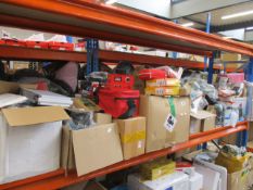 A shelf of miscellaneous items to include portable drink cooler, 3d pens, toys and door handles.