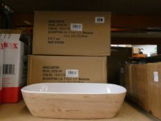 Two boxes of three Dalebrook Melamine Curved Buffet Display Serving Crock Bowl - White/Oak effect.