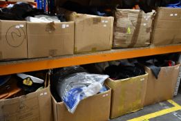 Nine boxes of assorted clothing and related items.