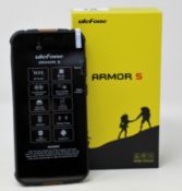 A boxed as new Ulefone Armor 5 64GB Rugged Smartphone in Black (Box opened, UK plug adaptor