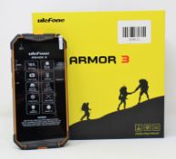 A boxed as new Ulefone Armor 3 64GB Rugged Smartphone in Orange (Box opened, UK plug adaptor