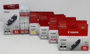 Fourteen boxed as new Canon Pixma Ink cartridges: 1 x 550 PGBK XL Black, 3 x 551 XL Black, 2 x 551