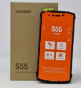 A boxed as new Doogee S55 64GB Rugged Smartphone in Fire Orange (Box opened, UK plug adaptor