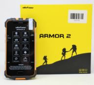 A boxed as new Ulefone Armor 2 64GB Rugged Smartphone in Golden (Box opened, UK plug adaptor