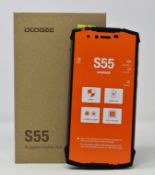 A boxed as new Doogee S55 64GB Rugged Smartphone in Mineral Black (Box opened, UK plug adaptor