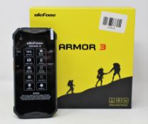 A boxed as new Ulefone Armor 3 64GB Rugged Smartphone in Black (Box opened, UK plug adaptor