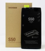 A boxed as new Doogee S50 128GB Rugged Smartphone in Mineral Black (Box opened, UK plug adaptor