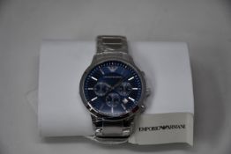 A men's as new Emporio Armani AR2448 stainless steel blue dial chronograph watch (No box).