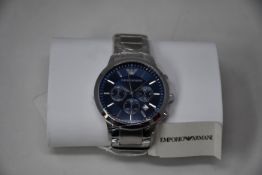 A men's as new Emporio Armani AR2448 stainless steel blue dial chronograph watch (No box).